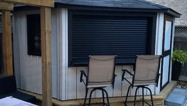 BLACK-SHEDMAN-Residential-Cabana-Counter-Bar-BBQ-Poolhouse-rollup-roller-Shutter-Whitby-Pickering Front1